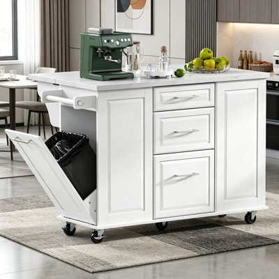 Îlot de cuisine à roulettes de style rétro avec rangement, armoire à poubelle inclinable et abattant pour une fonctionnalité et une esthétique améliorées