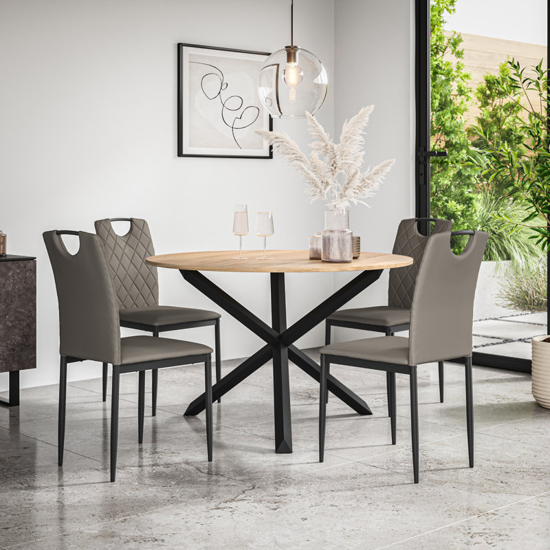 Daraich 120cm Round Dining Table Set with 4 Monza Faux Leather Chairs, Tan/Black/Grey