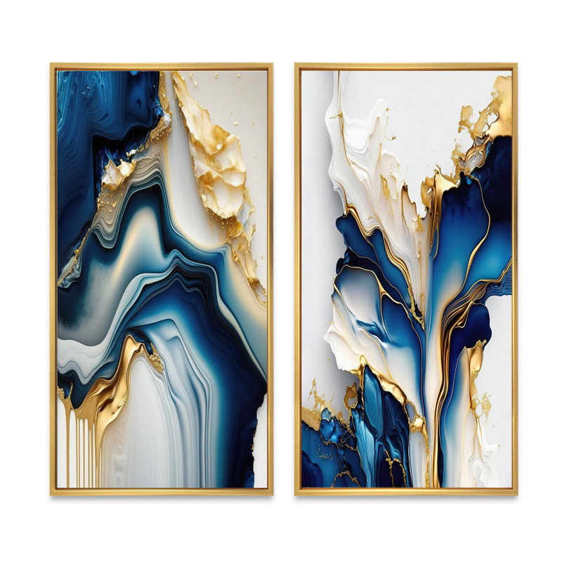 Abstract Geode Gold And Blue Marble - Marble Abstract Wall Decor Set Of 2, 40" H x 40" W, Gold Framed
