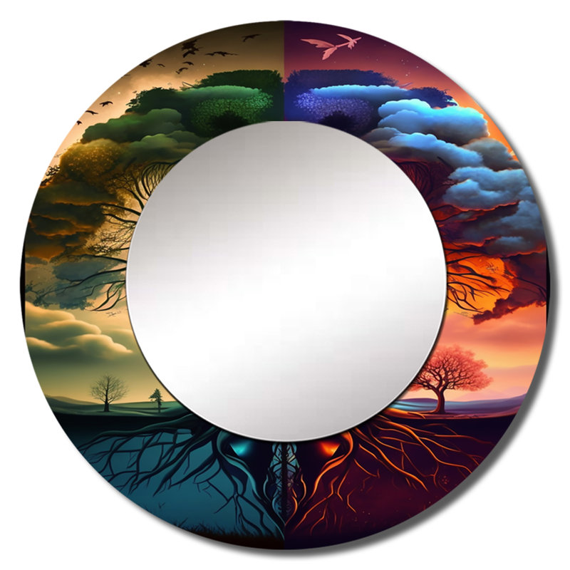 Sarbash arbre de vie jour et nuit I - miroir forêt, miroir mural décoratif rond, impression sur métal, 29 po x 29 po