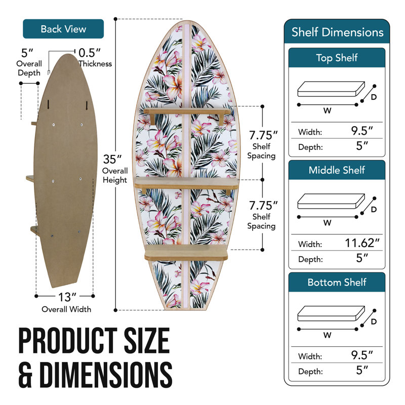 Étagère murale en bois à 3 niveaux, motif planche de surf, fleurs tropicales et feuilles de palmier (33 x 89 cm), décoration florale côtière avec imprimé frangipanier, idéale pour la chambre, le salon, le bureau et la salle de bain.