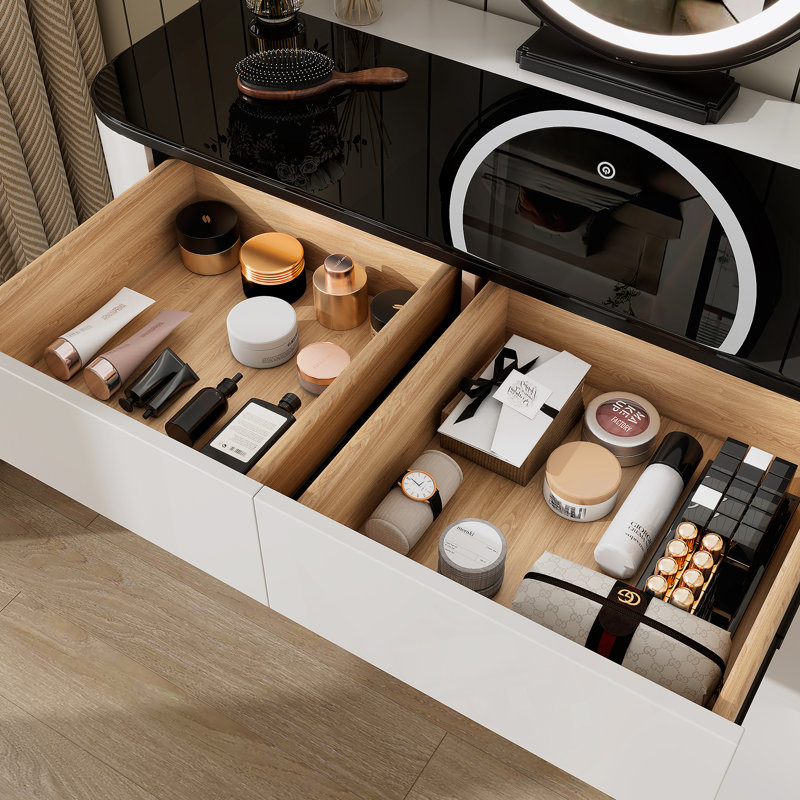 Coiffeuse moderne avec plateau en verre trempé, pieds à hauteur réglable et miroir rond