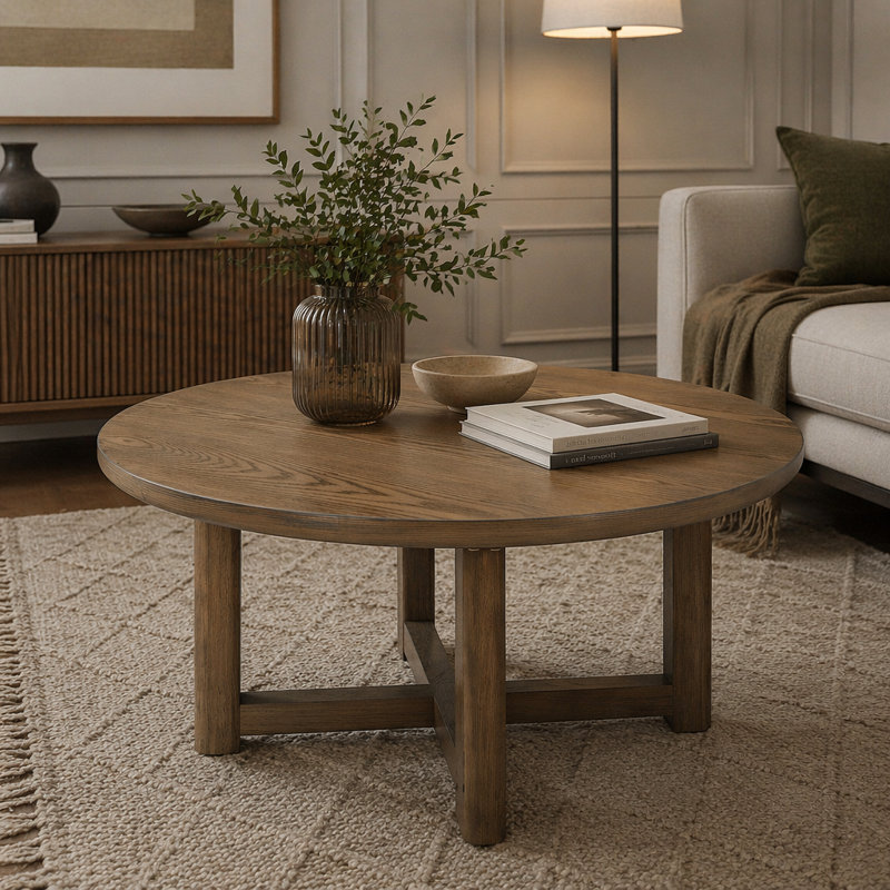 Table basse 32 po en rotin, table basse ronde en bois tissé de rotin