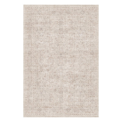Tapis lavable floral beige doux avec envers antidérapant pour salon, chambre à coucher