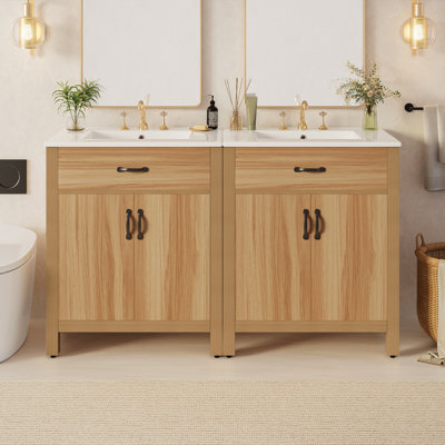 Meuble-lavabo de salle de bain en bois massif de 152 cm (60 po), avec cadre en bois massif, 4 portes à fermeture amortie, 2 tiroirs à charnières, étagère réglable et meuble de rangement moderne.