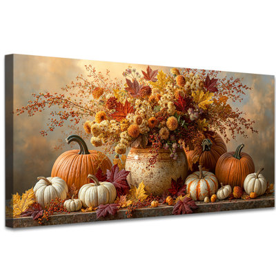 Fall Canvas Wall Art Rustic Farmhouse Autumn Decor Painting Pictures, Pumpkin and Floral Vase Harvest Artwork for Home Bedroom Living Room Wall Decor,