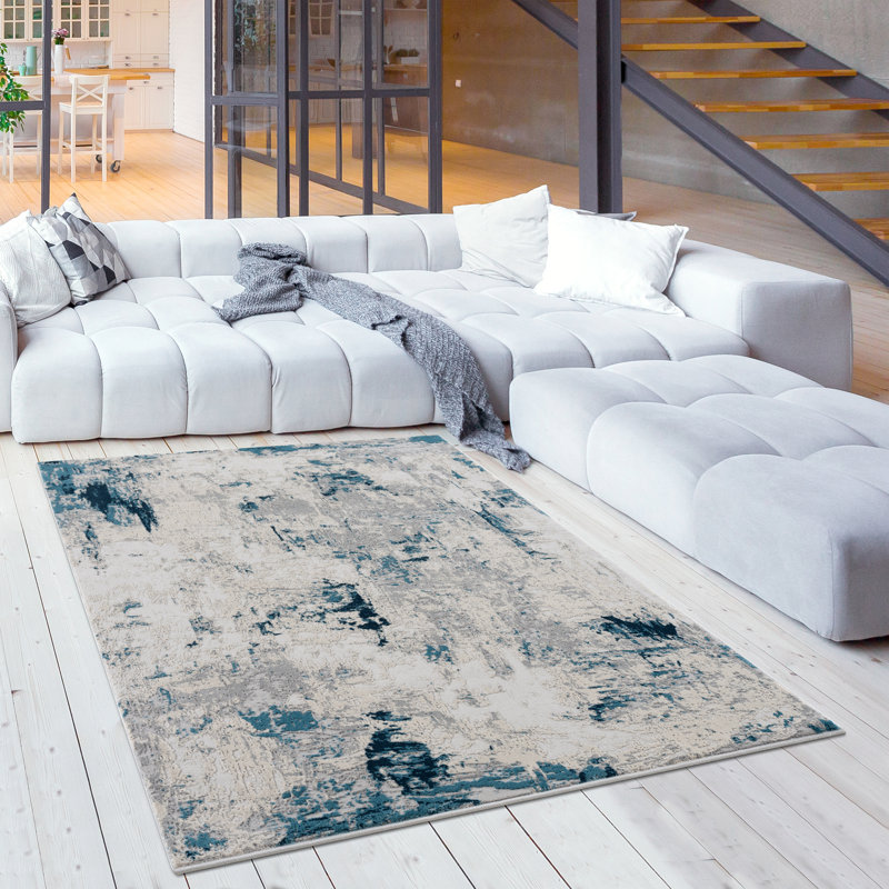 Tapis à motif abstrait bleu / crème 5 pi x 8 pi (5 pi 3 po x 7 pi 7 po) Amara, Rectangle 5 pi 3 po x 7 pi 7 po