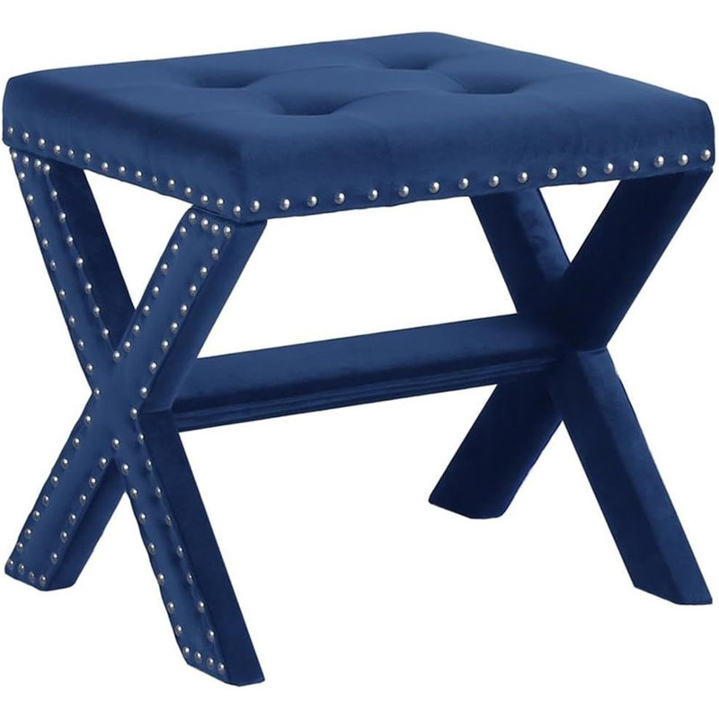 Velvet Upholstered Accent Bench With Nailhead Trim, Blue Velvet