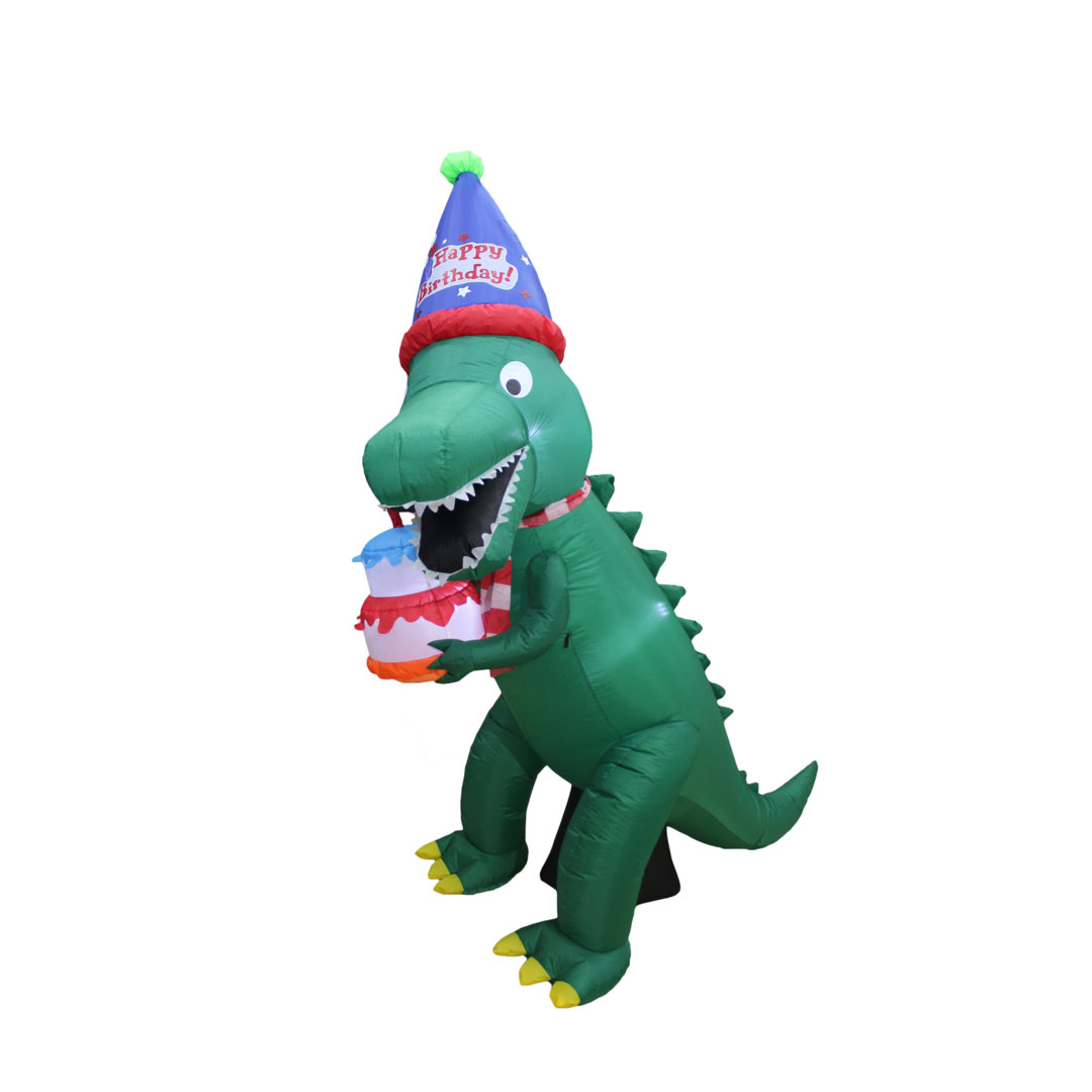 7 Foot Tall Happy Birthday Inflatable Green Dinosaur with Cake Candle and Party Hat Built In LED Lights Indoor / Outdoor Blow Up Yard Decoration Trinx