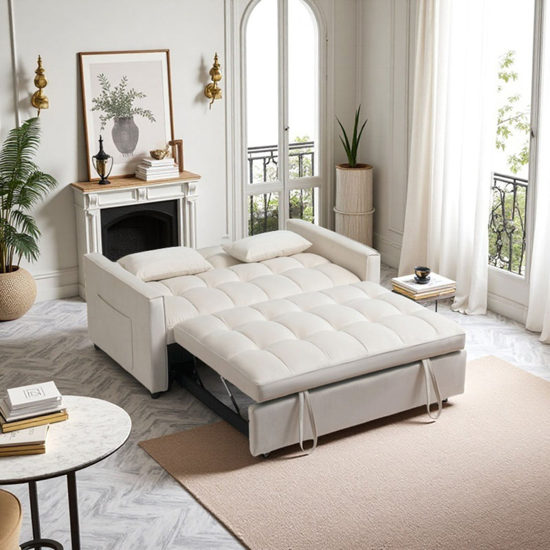 Canapé-lit polyvalent en velours 3 en 1 avec dossier réglable, poches de rangement et deux coussins pour une vie confortable