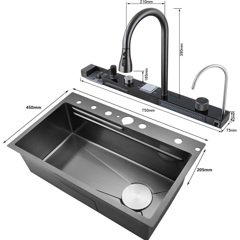 29.5 X 18 Inch Digital Display Embossed Stainless Steel Nano Raindance Waterfall Sink With Pressurized Cup Washer And Two Waterfalls Smart Digital Display