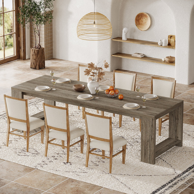 86.6 Inch Farmhouse Dining Table For 8-10, Large Wood Kitchen Table, Extra Long Rectangular Dinner Table, Taupe