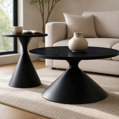 Ensemble de 2 tables basses rondes, plateau de table à motifs avec base en acier, table basse multifonctionnelle à la mode