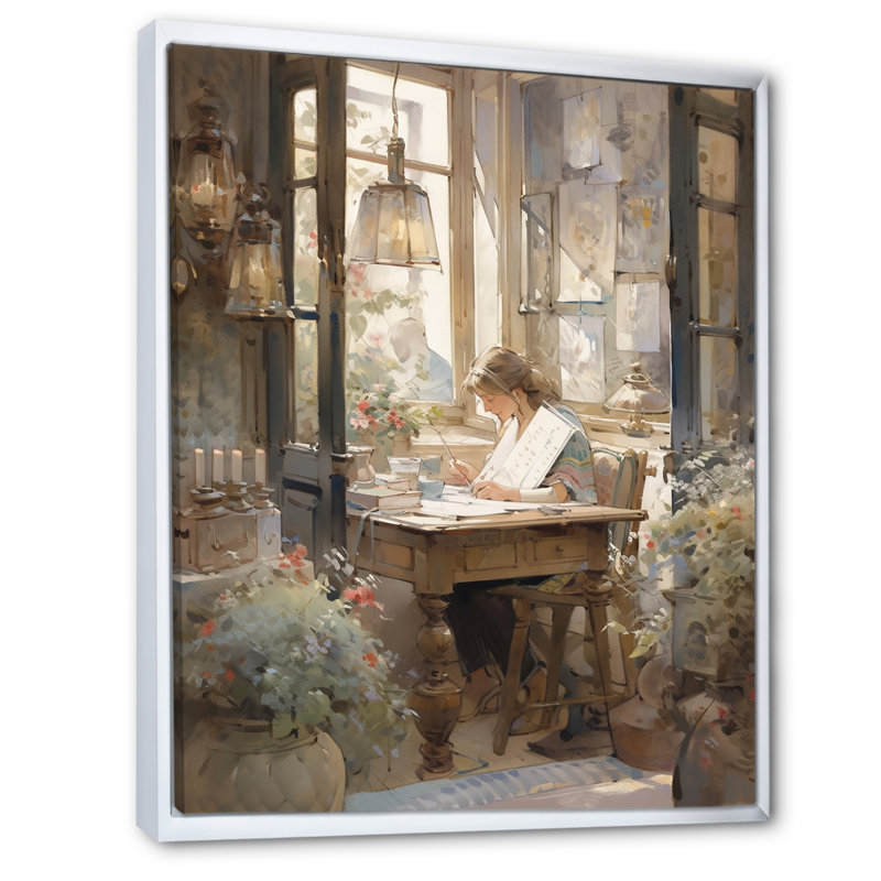 Portrait impressionniste, femme élégante rêveuse I, H 32 po x l 16 po, Cadre flottant blanc