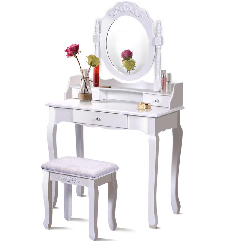 Ensemble coiffeuse avec tabouret et miroir Kaniel, Blanc