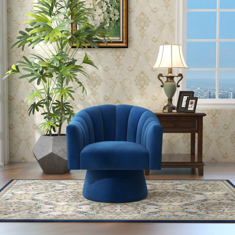 Fauteuil demi-tonneau pivotant de 25,2 po Iryanna, Velours marine, 1