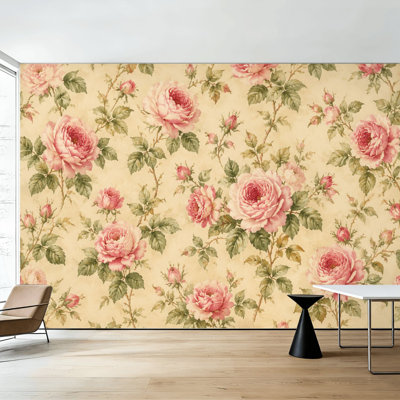 Peel and Stick Wallpaper Vintage Pink Rose Botanical Garden Style Beige Floral Soft Wall Murals 100"H x 144"W Removable PVC Wall Paper Self-Adhesive Wall Decor for Bedroom Living Room Home Office