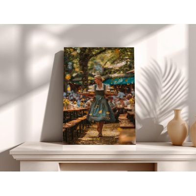Art sur toile de la serveuse de l'Oktoberfest - scène de jardin de bière allemand, photographie de fête bavaroise, femme en cadeau de décoration murale bar d'automne