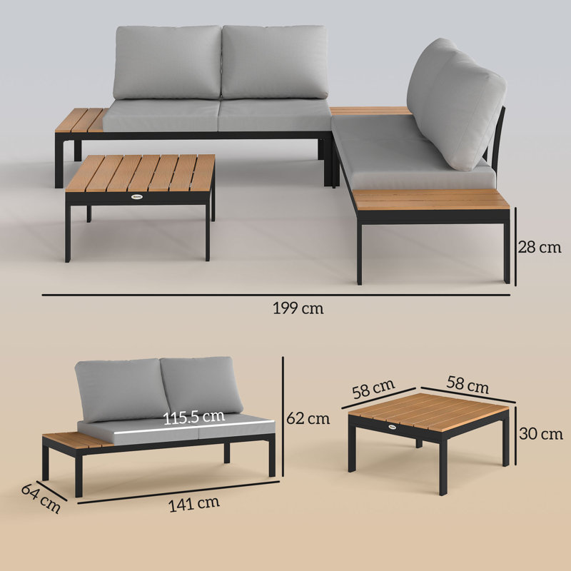 Outsunny 4 Piece L Shaped Garden Furniture Set 4 Seater Corner Sofa, Teak/Black
