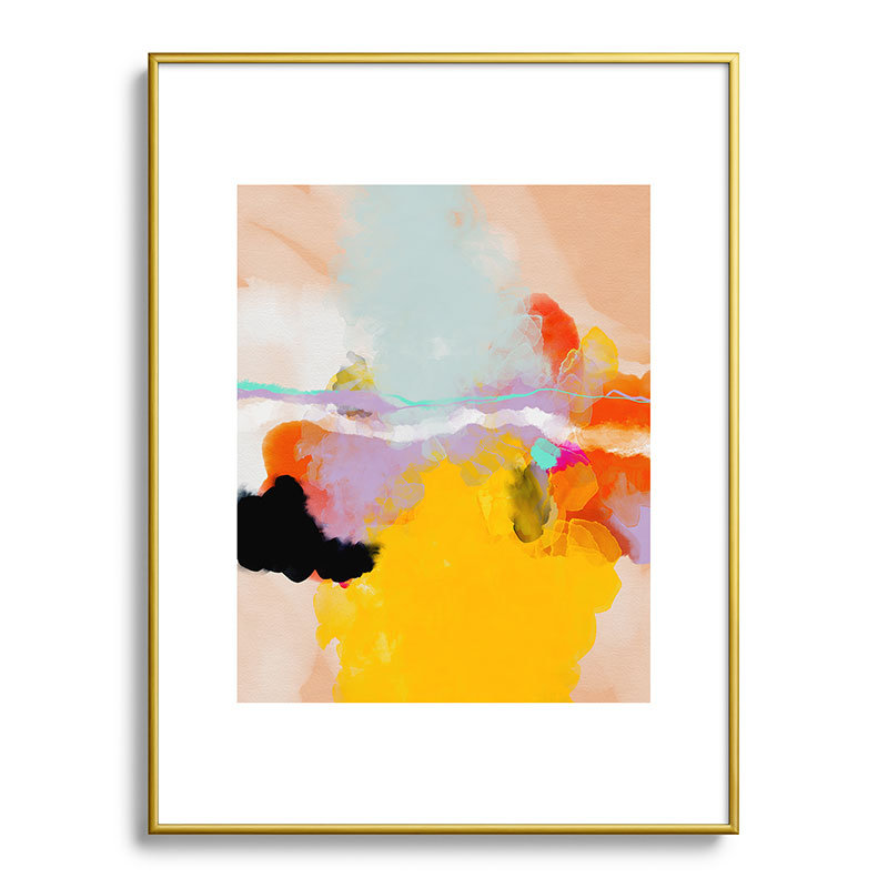 Abstrait jaune rosé encadré sur papier, Or, H 24 po x l 18 po