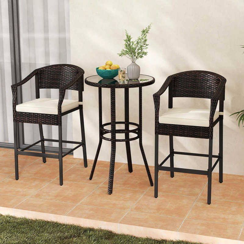 3 Pcs Patio Rattan Bar Set Wicker Armchairs & Round Table With Tempered Glass Top
