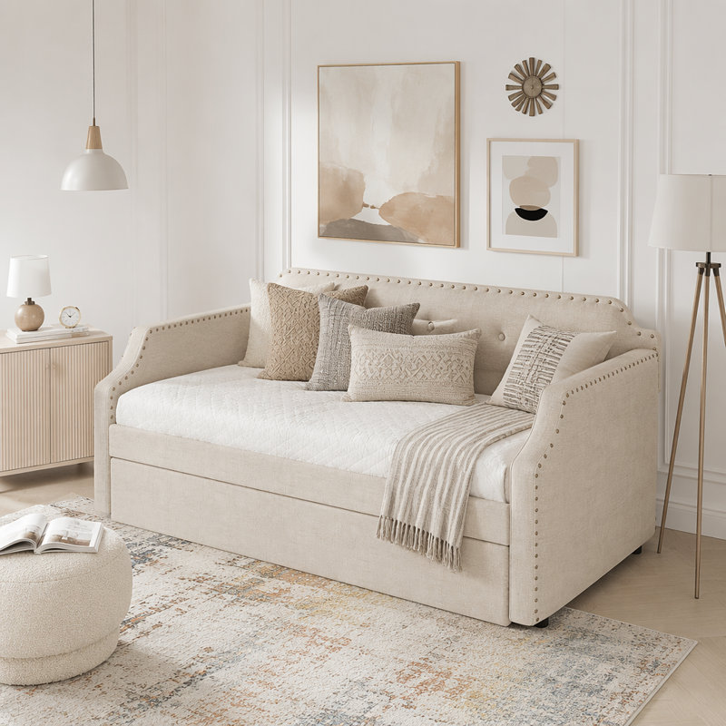 Lit de jour rembourré avec couchette et finition en lin élégant, Beige