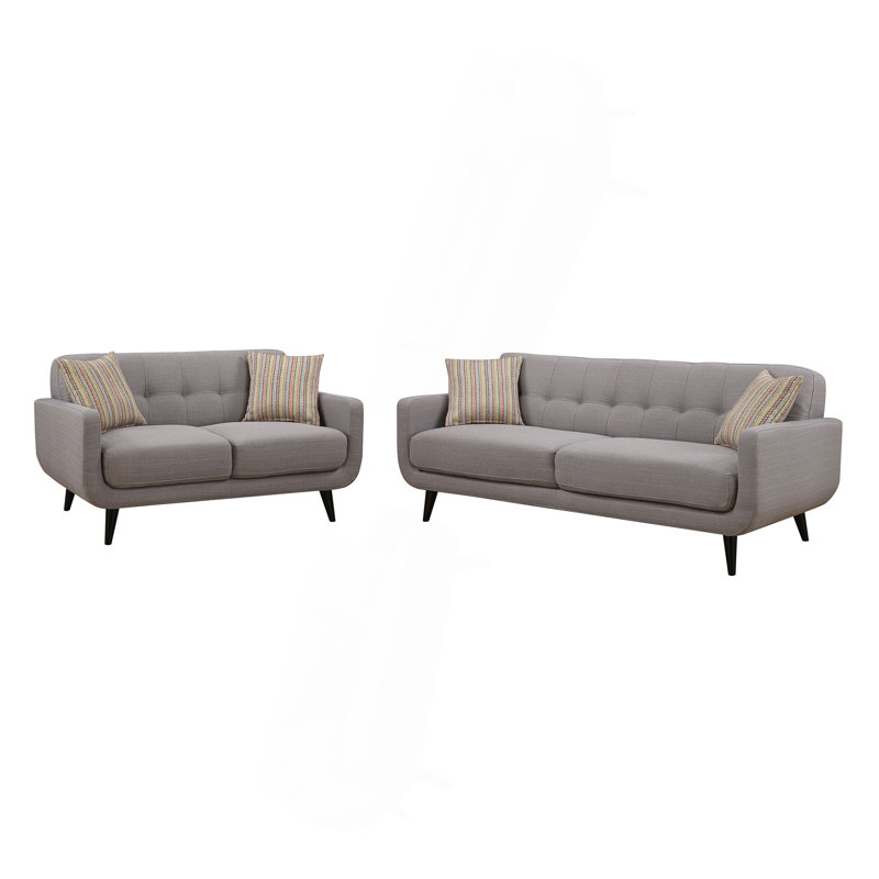 Ensemble de canapé, mélange de polyester, pieds en bois massif, rembourrage en mousse haute densité avec coussins décoratifs et conception matelassée