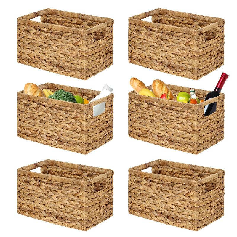 Set Of 6 Natural Water Hyacinth Woven Storage Baskets 12.6” X 8” X 7”, Rectangular Wicker Basket With Built-In Handles, Medium (Natural - Set Of 6)
