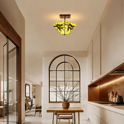 Plafonnier triangulaire en vitrail, plafonnier semi-encastré artistique 2 lumières pour îlot de cuisine, E26, ampoules non incluses