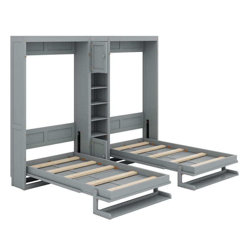 Deux lits escamotables doubles avec armoires et tablettes, Gris