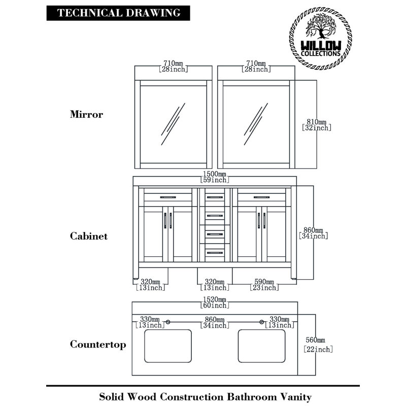 Ensemble de meuble-lavabo double 60 po Cambridge, Marbre de Carrare