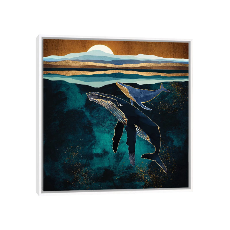 Moonlit Whales - impression d'art graphique, Aucun mat, H 26 po x l 26 po x P 1,5 po, Toile blanche encadrée