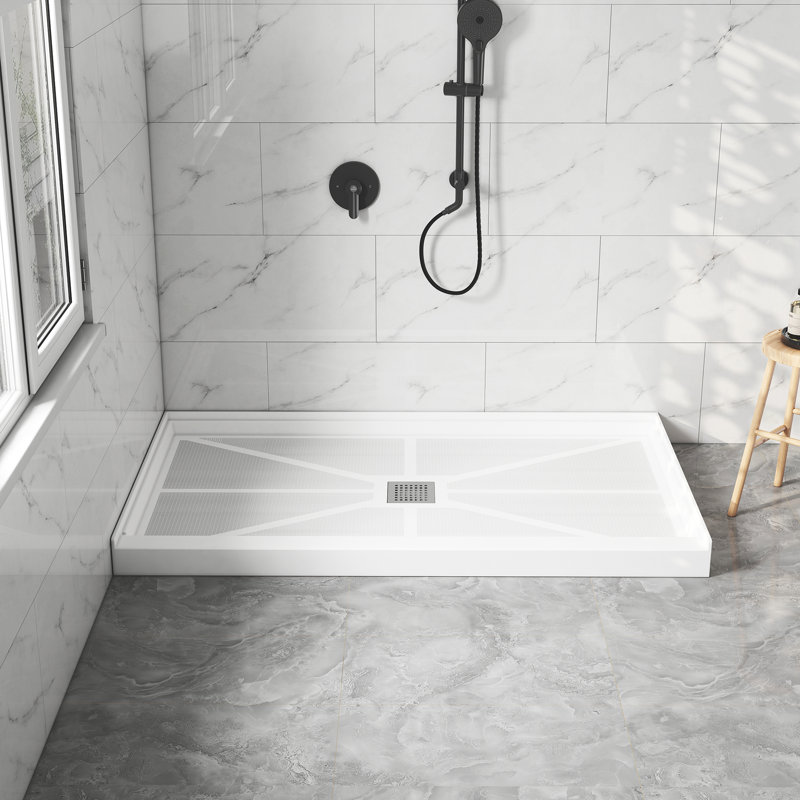 Base de plateau de douche à simple seuil SMC de taille 48/60 po x P 32/36 po avec ensemble de drain, antidérapant, Au centre