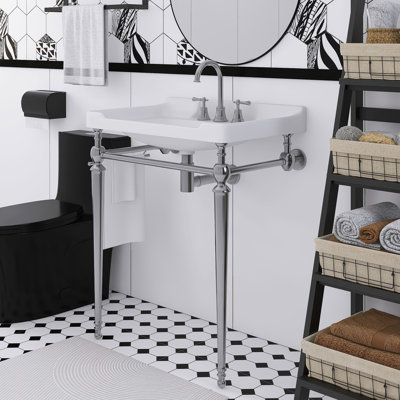 Meuble-lavabo mural en céramique 28 po, pieds de support autoportants en acier inoxydable avec barre à serviettes 28 po