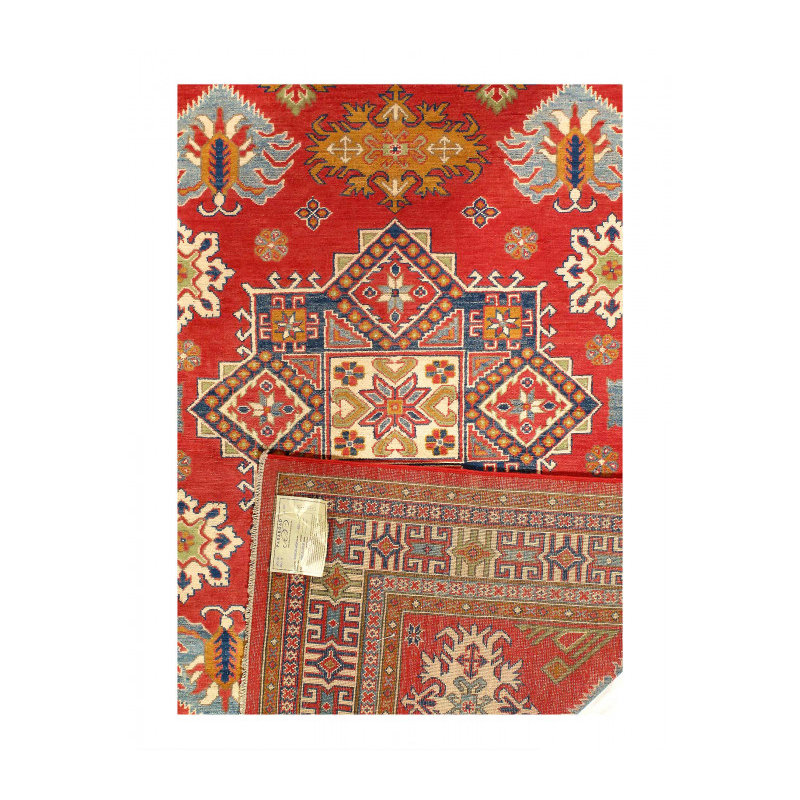Tapis unique en laine 6 pi 6 po x 9 pi 9 po rouge, bleu marine et beige Myles