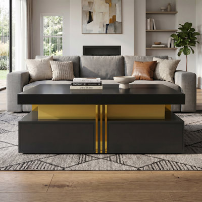 43.3"Modern Glossy Square Storage Coffee Table in Black ｜ Four Spacious Storage Drawers｜Sturdy MDF Solid Structure｜Extra Large Square Tabletop