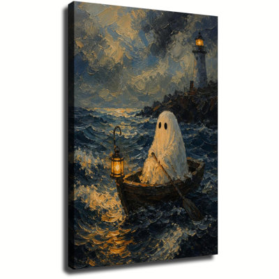 Tableau sur toile représentant un fantôme d'Halloween, une barque fantomatique avec lanterne près d'un phare, décoration murale impressionniste d'inspiration océan sombre pour l'Halloween