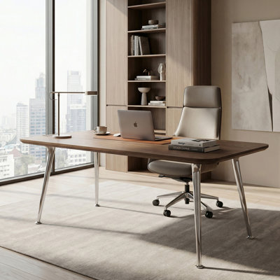 Modern Walnut Finish Desk With Metal Tapered Legs | Minimalist Writing Desk Or Dining Table