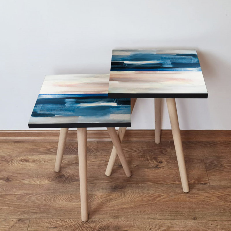 Ensemble de 2 tables gigognes Modern Modern, bleu marine et beige / blanc, 13,8 po x 18,5 po x 13,8 po et 13,8 po x 16,5 po x 13,8 po | 100% panneau de fibres à densité moyenne avec pieds en bois de hêtre, élégant et fonctionnel pour le salon et la décoration intérieure