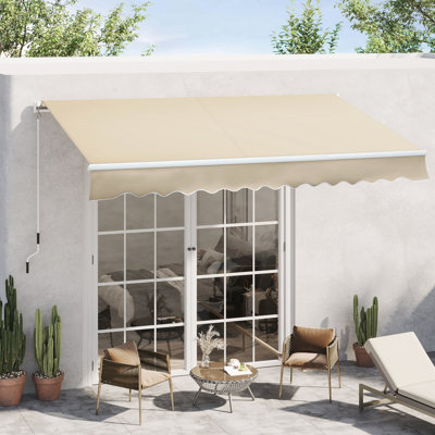 Sun Shade Awning 12' X 8', Retractable With Manual Crank, 280g/m² & Water- Fabric, Aluminum Frame For Deck, Balcony, Yard, Cream White Patio Sunshade Canopy