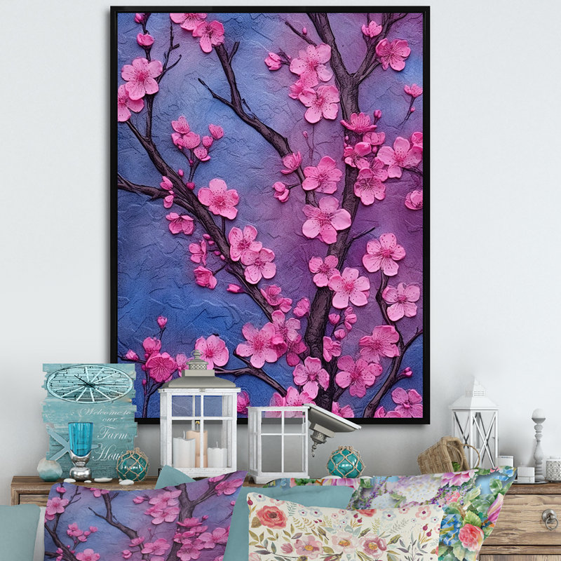 «Pink and Blue Cherry Blossoms Symphony I», reproduction sur toile, Cadre flottant noir, H 32 po x l 16 po