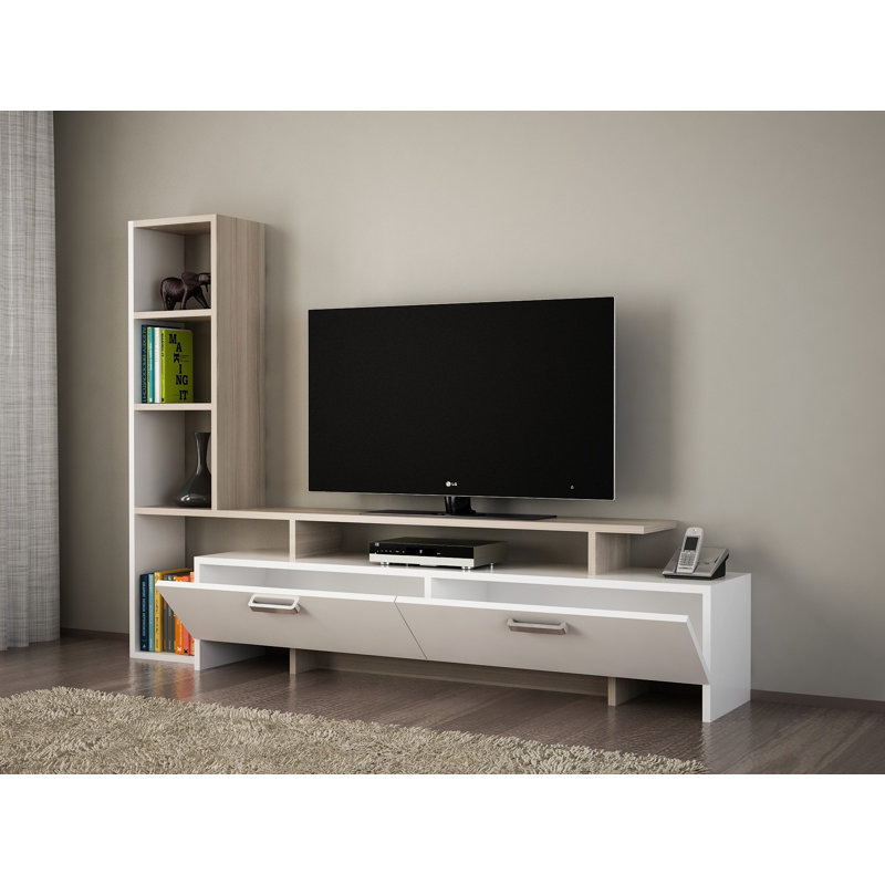 Modern TV Unit with Wall-Mount Option, White & Cordoba Finish, 66.2 x 47.2 x 8.7 inches | 100% Melamine Coated Particle Board, Multiple Shelves for Additional Storage | Stylish Design for Living Room & Entertainment Spaces