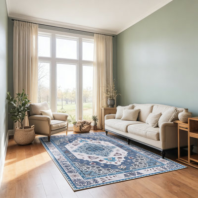 Living Room Rug 4x6 ft Blue and Grey Area Rug Machine Washable Rug, Non Slip Vintage Rug Stain Resistant Indoor Large Carpet for Bedroom, Boho Rug, Distressed Retro Floor Rug for Classroom, Dorm, Dining Room