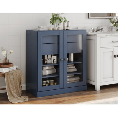 Armoire de rangement pour salle de bain 100% bois massif Palace Imports, portes en verre transparent, 2 tiroirs, tablettes réglables, largeur 32 po, hauteur 35,75 po
