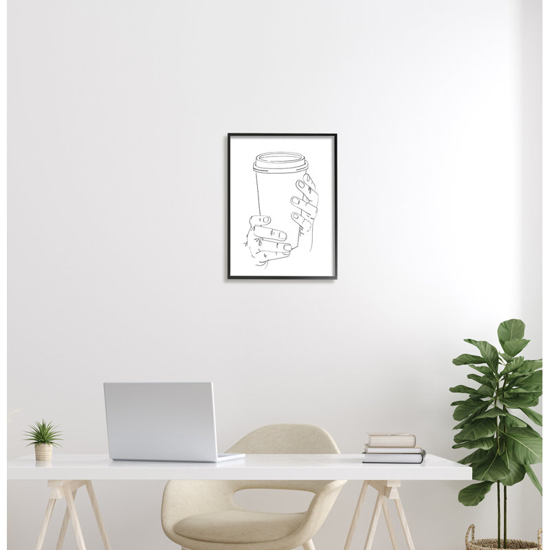 Froide mains tenant une tasse - reproduction de dessin, Giclée encadrée noir minuit, H 30 po x l 24 po