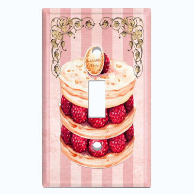 Metal Light Switch Plate Outlet Cover (Raspberry Cake Paris Frame Pink Stripes - Single Toggle)