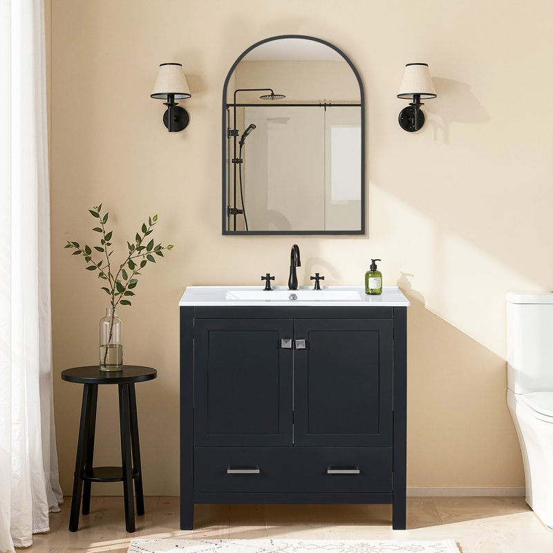 Ensemble de meuble-lavabo simple avec plateau en céramique et armoire à pharmacie, Noir / Argenté