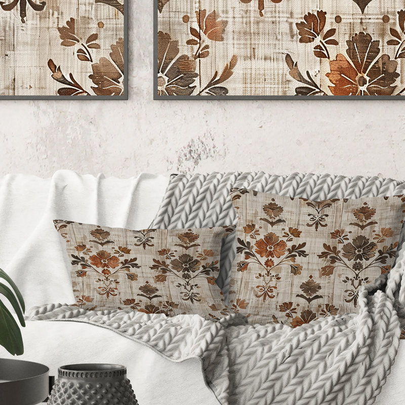 Beige noir, charme rustique et fleurs II - coussin de ferme, H 16 po x l 16 po, Carrée