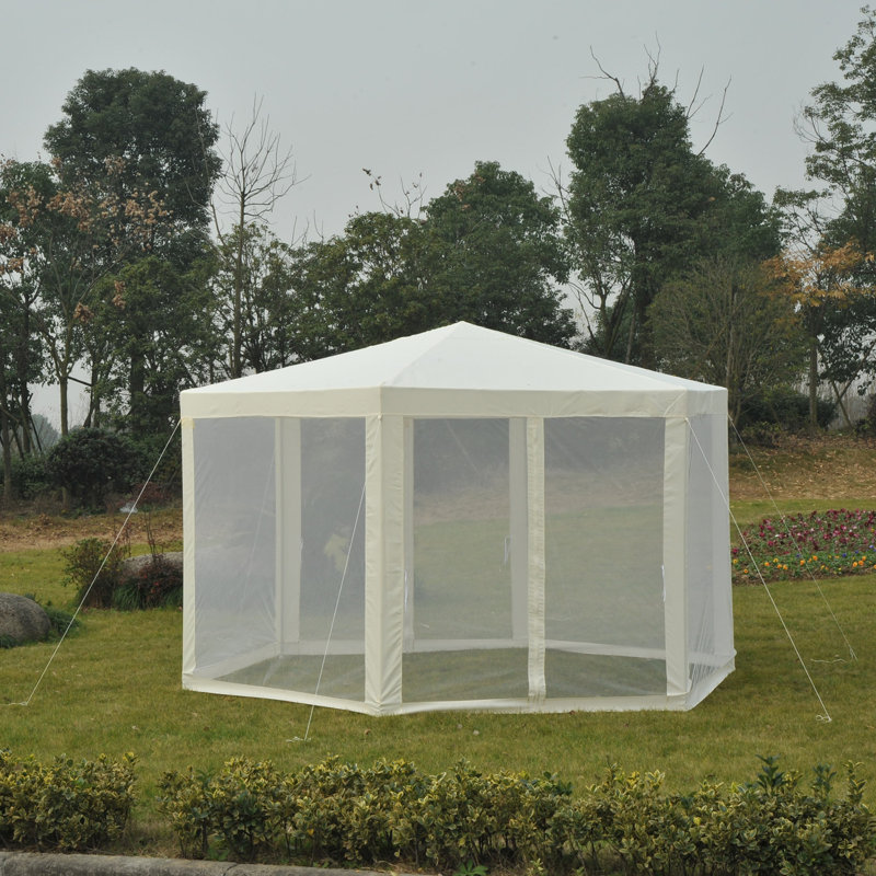 13 Ft Hexagon White Steel Frame Patio Gazebo with Mesh Walls