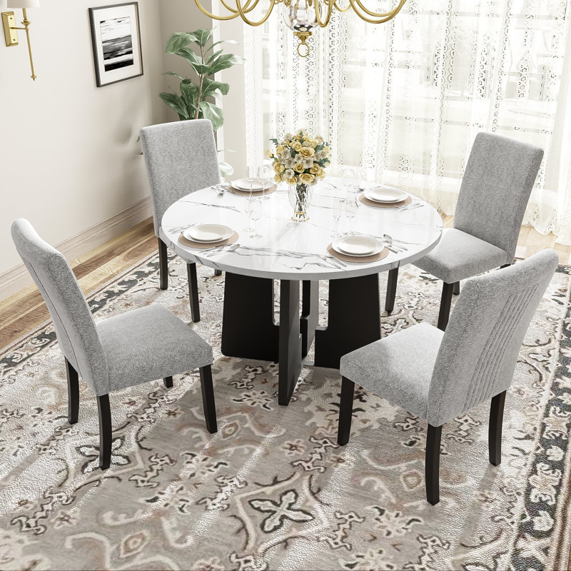  Ensemble de table ronde 5 pièces, table ronde moderne de 43 pouces avec 4 chaises rembourrées pour la salle à manger, gris et blanc